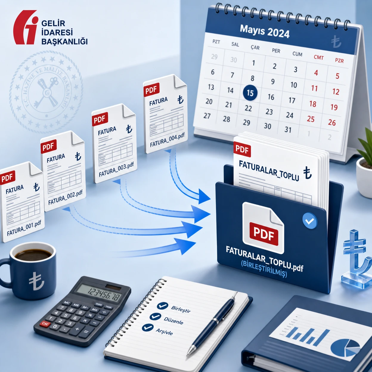 E-arşiv faturalarının tek PDF'te birleştirilmesi — fatura akışı ve takvim