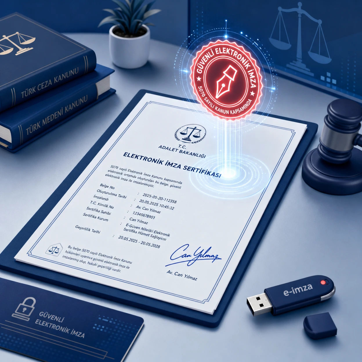 E-İmza ve 5070 sayılı kanun yasal geçerlilik görseli — dijital imza mührü ve USB token