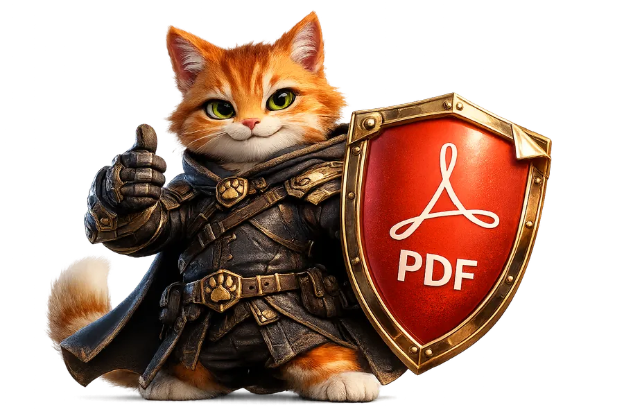 Turuncu tabby kedi havada süzülen üç kırmızı PDF belgesini enerji bantlarıyla tek PDF'e birleştiriyor — PDF Birleştir aracının maskotu, 3D illüstrasyon