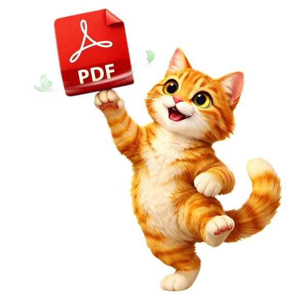 Turuncu tabby kedi bir pizza hamuru gibi kırmızı PDF'i pençesinde döndürüyor — PDF Döndür aracının maskotu, 3D illüstrasyon
