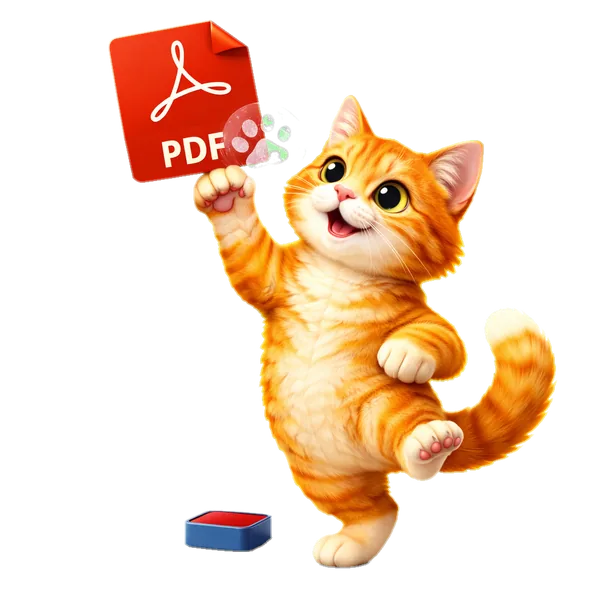 Turuncu tabby kedi havada süzülen kırmızı PDF'e pençe izi filigranı basıyor — PDF Filigran aracının maskotu, 3D illüstrasyon