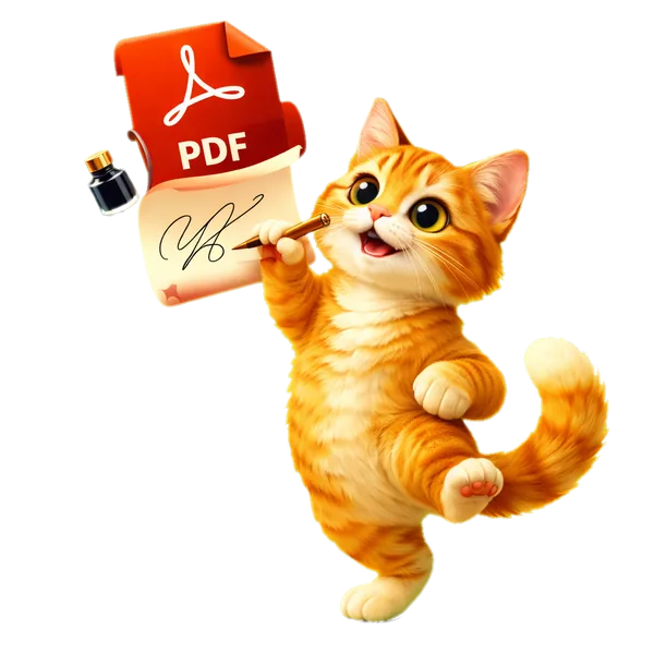 Turuncu tabby kedi altın dolma kalemle kırmızı PDF parşömenine imza atıyor — PDF İmzala aracının maskotu, 3D illüstrasyon