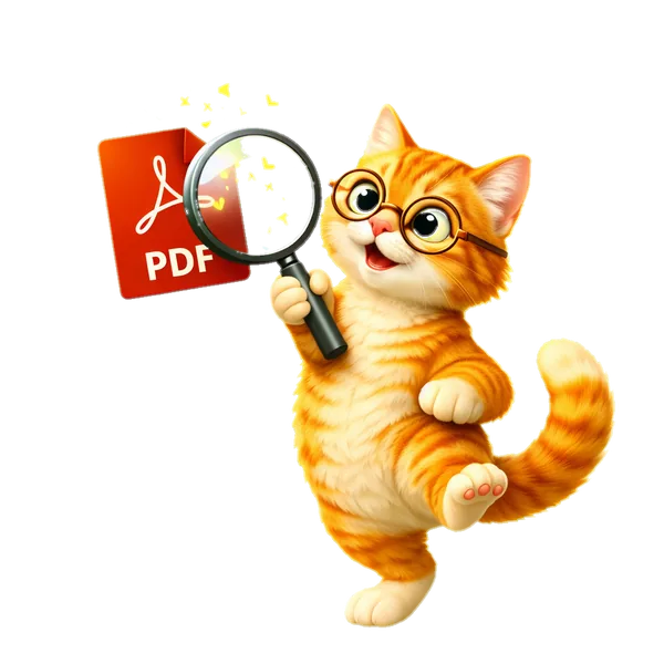 Tiny detektif gözlüklü turuncu tabby kedi büyüteçle kırmızı PDF'i inceliyor, ortaya çıkan harfler yukarı uçuyor — PDF OCR aracının maskotu, 3D illüstrasyon