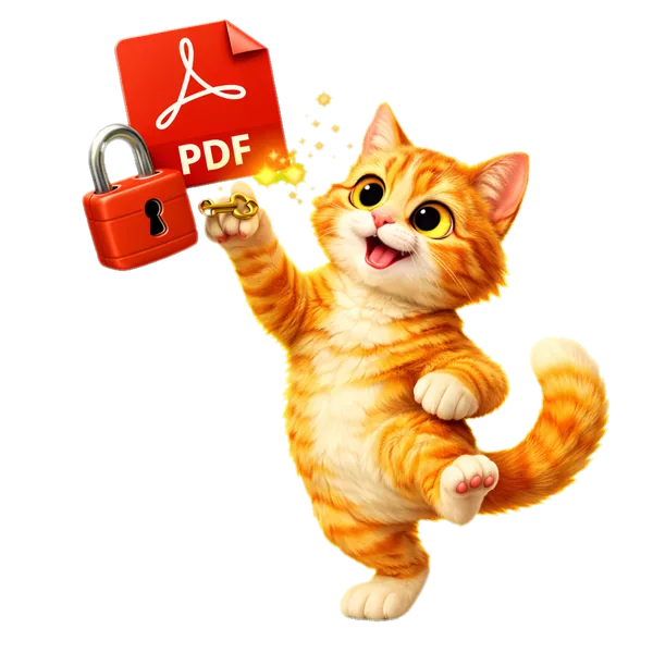 Turuncu tabby kedi kırmızı PDF'in asma kilidine küçük altın anahtar sokuyor, turuncu kıvılcımlarla kilit açılıyor — PDF Şifre Kaldır aracının maskotu, 3D illüstrasyon
