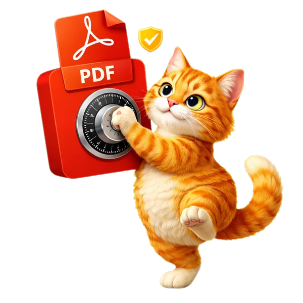 Turuncu tabby kedi kırmızı PDF şeklindeki kasanın büyük kadranını çeviriyor, üstünde kalkan ikonu — PDF Şifrele aracının maskotu, 3D illüstrasyon