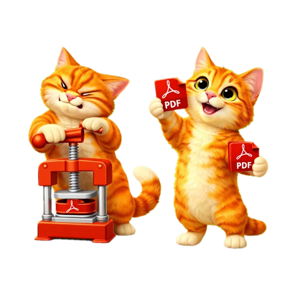 Turuncu tabby kedi minik kırmızı el preseyle kırmızı PDF'i sıkıştırıyor, çıktı küçük ve düzgün bir PDF — PDF Sıkıştır aracının maskotu, 3D illüstrasyon