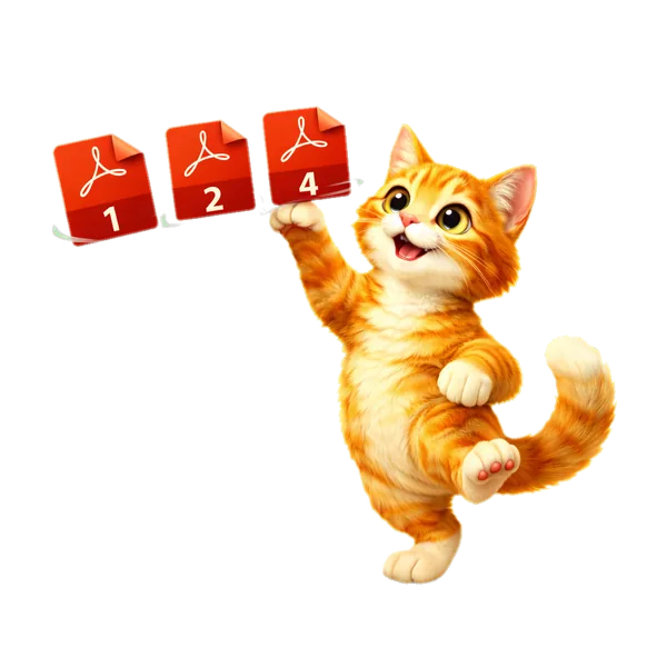 Turuncu tabby kedi havada uçuşan numaralı kırmızı PDF mini sayfalarını kart gibi düzenliyor, bir sayfayı pençesiyle yerine koyuyor — PDF Sırala aracının maskotu, 3D illüstrasyon