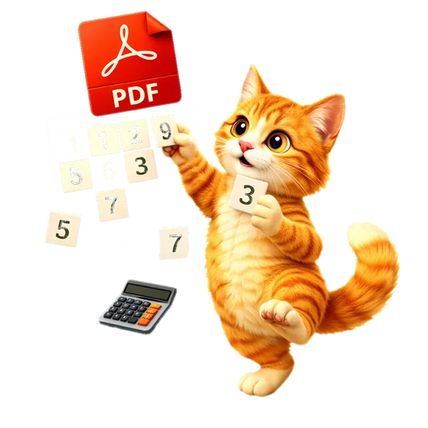 Turuncu tabby kedi kırmızı PDF kaynağından yeşil Excel ızgarasına uçuşan sayı karoları yerleştiriyor, yanında minik hesap makinesi — PDF'den Excel'e aracının maskotu, 3D illüstrasyon