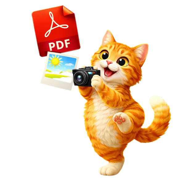 Turuncu tabby kedi elinde minik kamera ile kırmızı PDF sayfasının fotoğrafını çekiyor, çıktı renkli JPG polaroid fotoğraf — PDF'den JPG'ye aracının maskotu, 3D illüstrasyon