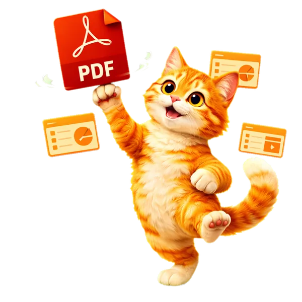 Turuncu tabby kedi sunumcu pozunda, kırmızı PDF'in yanında turuncu sunum slaytları havada açılıyor — PDF'den PPT'ye aracının maskotu, 3D illüstrasyon