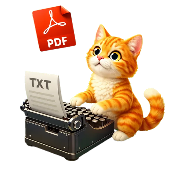 Turuncu tabby kedi eski daktiloda yazıyor, bir yanda kırmızı PDF girdi kağıdı diğer yanda gri TXT çıktı kağıdı — PDF'den TXT'ye aracının maskotu, 3D illüstrasyon