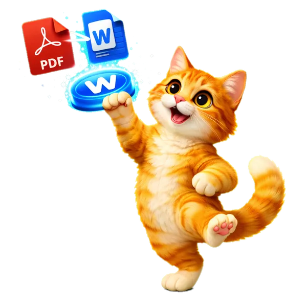 Turuncu tabby kedi büyük parlayan mavi W butonuna basıyor, kırmızı PDF mavi düzenlenebilir Word belgesine dönüşüyor — PDF'den Word'e aracının maskotu, 3D illüstrasyon