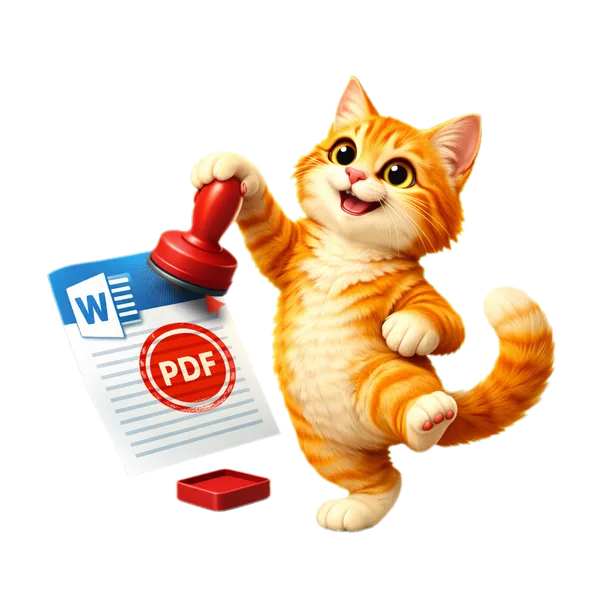 Turuncu tabby kedi mavi Word belgesine kırmızı PDF mührü basıyor, yanında küçük kırmızı ıstampa — Word'den PDF'e aracının maskotu, 3D illüstrasyon